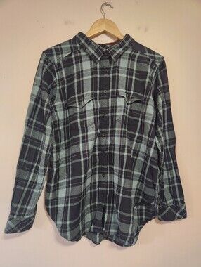 Kavu Plaid Flannel Button Up Shirt Corduroy Elbow Patch Green Black XL Gorpcore